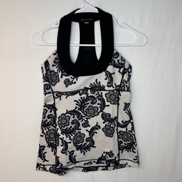 Lululemon Athletica Laceoflage WorkOut Scoop NeckTank Top Black Crème Floral SZ6 - Picture 1 of 17